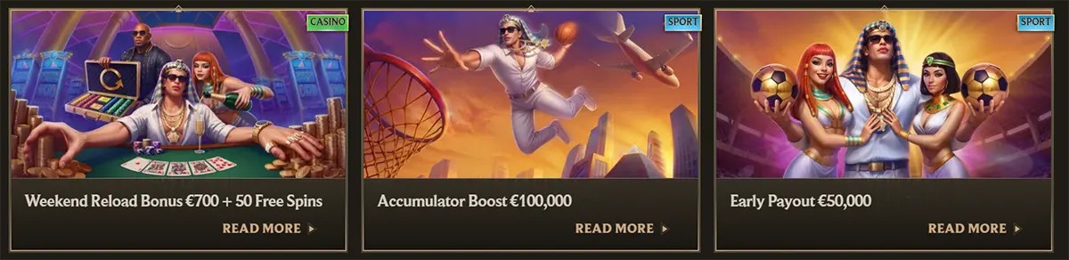Casino and sports promotion cards featuring a weekend reload bonus with free spins, an accumulator boost offer, and an early payout campaign, each with illustrated characters, category labels, and “Read More” links on a dark gold interface.