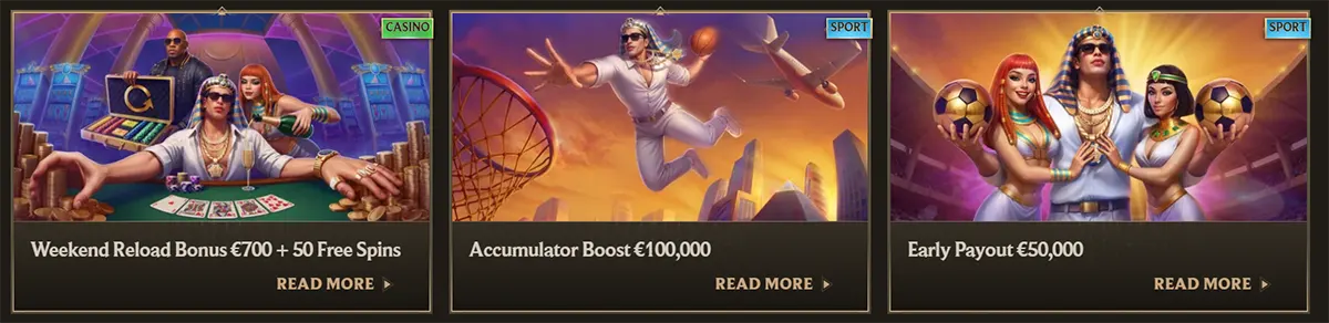 Casino and sports promotion cards featuring a weekend reload bonus with free spins, an accumulator boost offer, and an early payout campaign, each with illustrated characters, category labels, and “Read More” links on a dark gold interface.