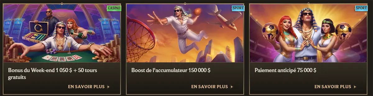 French casino and sports promotion cards featuring a weekend bonus with free spins, an accumulator boost offer, and an early payout campaign, each with illustrated characters, category labels, and “En savoir plus” links on a dark gold interface.