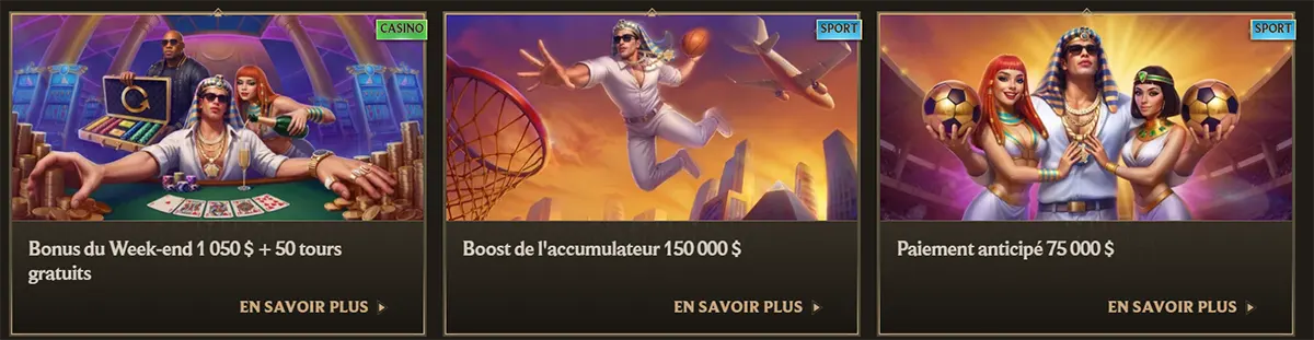 French casino and sports promotion cards featuring a weekend bonus with free spins, an accumulator boost offer, and an early payout campaign, each with illustrated characters, category labels, and “En savoir plus” links on a dark gold interface.