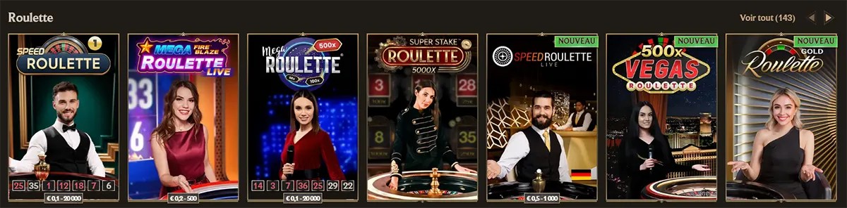 Roulette games section featuring Speed Roulette, Mega Fire Blaze Roulette Live, Mega Roulette, Super Stake Roulette, 500x Vegas Roulette, and Gold Roulette, with presenter images, betting limits, new labels, and a “Voir tout” link on a dark casino interface.