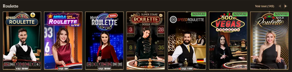 Roulette games section featuring Speed Roulette, Mega Fire Blaze Roulette Live, Mega Roulette, Super Stake Roulette, 500x Vegas Roulette, and Gold Roulette, with presenter images, betting limits, new labels, and a “Voir tout” link on a dark casino interface.
