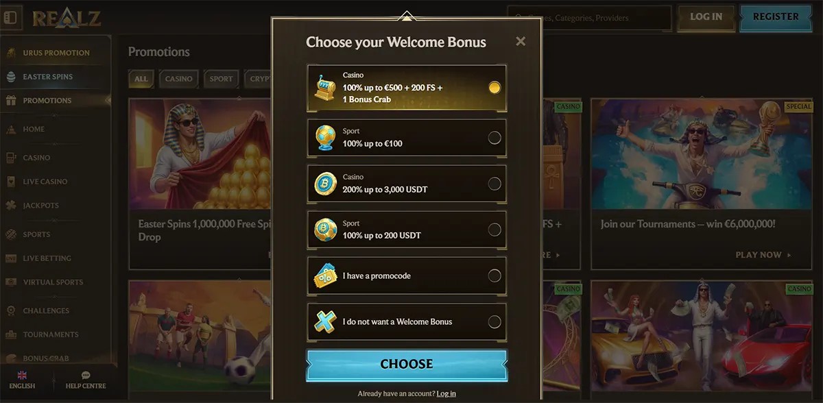Casino welcome bonus selection popup with multiple bonus options for casino, sport, and crypto offers, plus promo code and no-bonus choices, and a bright blue choose button on a dark gold casino interface.