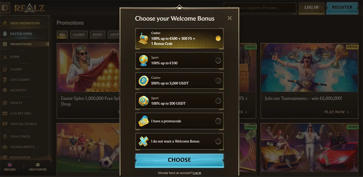 Casino welcome bonus selection popup with multiple bonus options for casino, sport, and crypto offers, plus promo code and no-bonus choices, and a bright blue choose button on a dark gold casino interface.