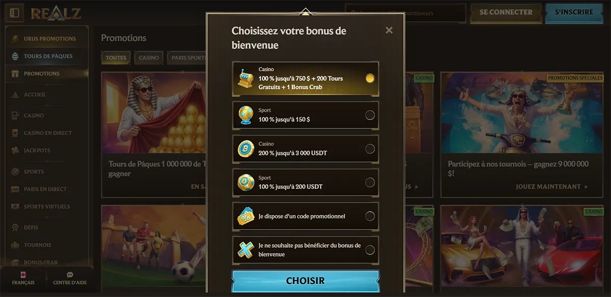 French casino welcome bonus selection popup with multiple bonus options for casino, sport, and crypto offers, plus promo code and no-bonus choices, and a bright blue “Choisir” button on a dark gold casino interface.