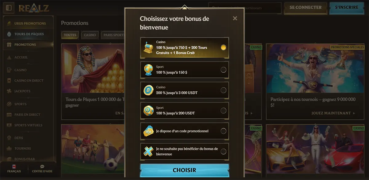 French casino welcome bonus selection popup with multiple bonus options for casino, sport, and crypto offers, plus promo code and no-bonus choices, and a bright blue “Choisir” button on a dark gold casino interface.